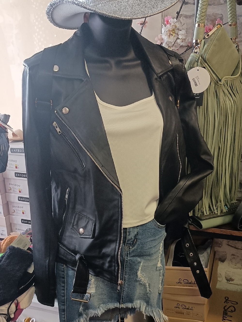 Urban Alice Perfecto Black Leather Moto Jacket with Belt